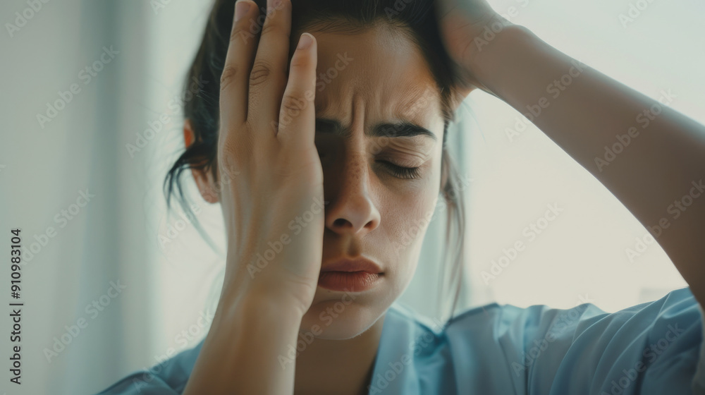 Close-up of a woman leaning against a wall, hand on her forehead, looking tired and stressed. Close-up of a woman leaning against a wall, hand on her forehead, looking tired and stressed.