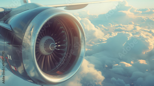 A powerful airplane engine captured mid-flight against a backdrop of fluffy clouds, illustrating the marvel of aviation technology and the vastness of the sky. photo