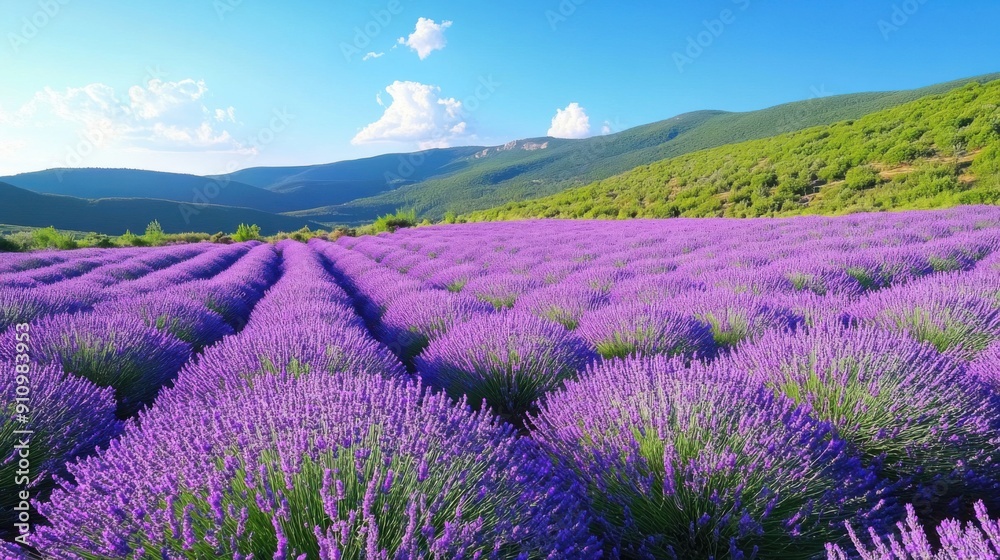 Obraz premium A picturesque lavender field in full bloom under a clear blue sky 
