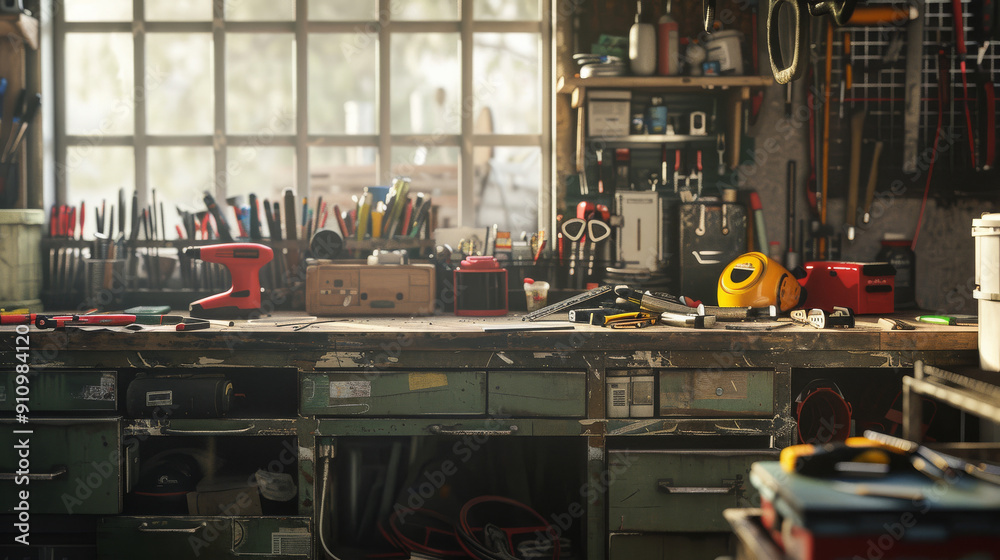 Fototapeta premium A tidy, sunlit garage workshop with tools neatly organized and natural light streaming in, showcasing a perfect balance of function and charm.
