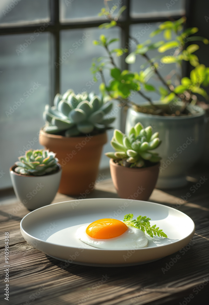 Elegant Poached Egg on a White Plate with Potted Succulents Background Elegant Poached Egg on a White Plate with Potted Succulents Background
