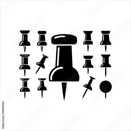 Set of pushpins icon silhouette vector flat illustration on white background.