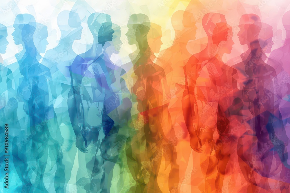 abstract digital representation of human diversity translucent colorful silhouettes overlap and intertwine forming a complex network symbolizing interconnectedness and technology abstract digital representation of human diversity translucent colorful silhouettes overlap and intertwine forming a complex network symbolizing interconnectedness and technology
