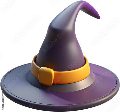 3d rendered witch hat with orange belt and purple brim for halloween decoration and celebration