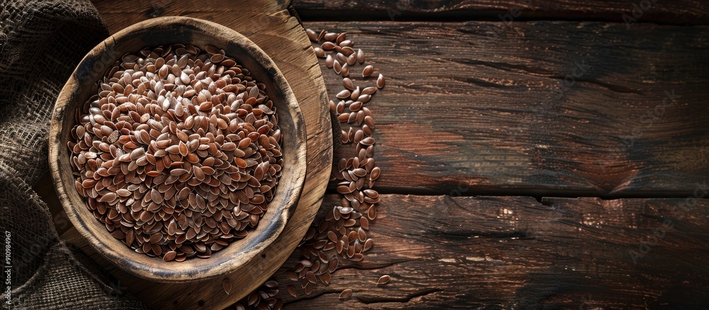 Healthy food concept portrayed by brown flax seeds or linseeds on a wooden background with copy space image Healthy food concept portrayed by brown flax seeds or linseeds on a wooden background with copy space image
