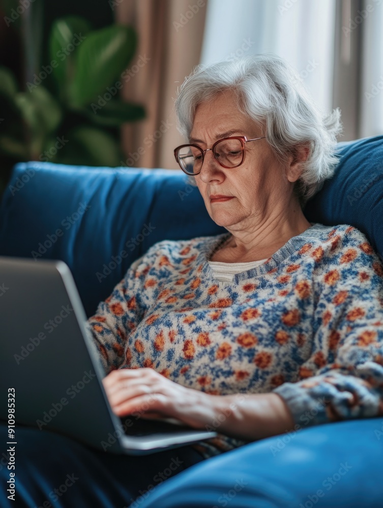 Woman sits on couch using laptop for work or personal use Woman sits on couch using laptop for work or personal use