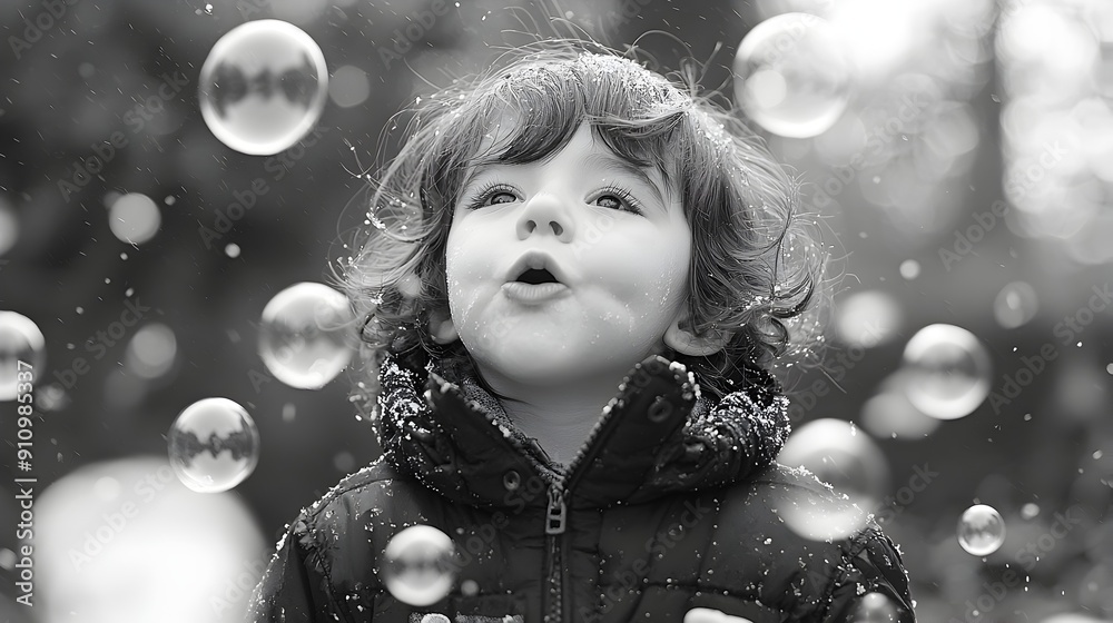 Boy Wondering at Bubbles in the Snow. Boy Wondering at Bubbles in the Snow.