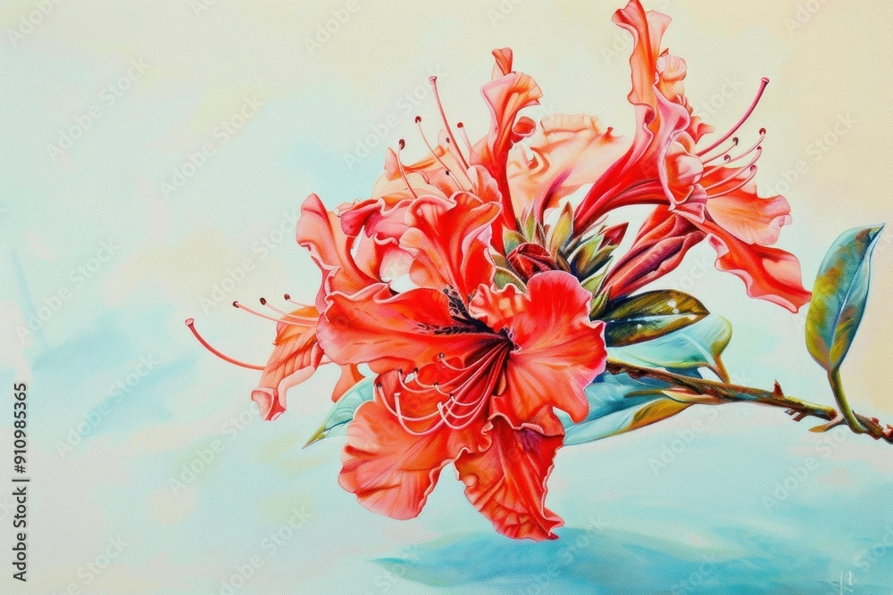 Close-up painting of vibrant red rhododendron flowers with green leaves on a pale blue background Close-up painting of vibrant red rhododendron flowers with green leaves on a pale blue background