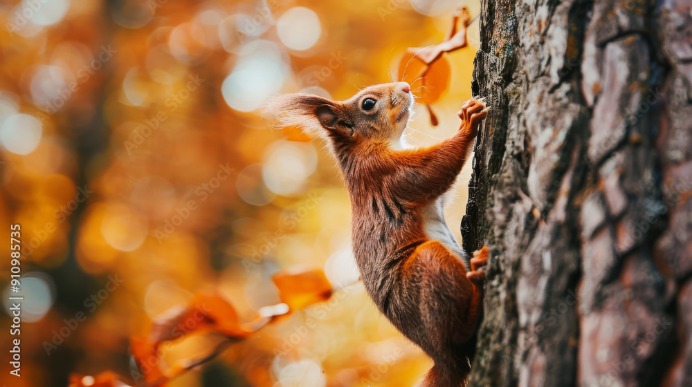 A curious squirrel scaling a tree trunk in a vibrant forest, framed by the rich hues of autumn leaves and morning light. A curious squirrel scaling a tree trunk in a vibrant forest, framed by the rich hues of autumn leaves and morning light.