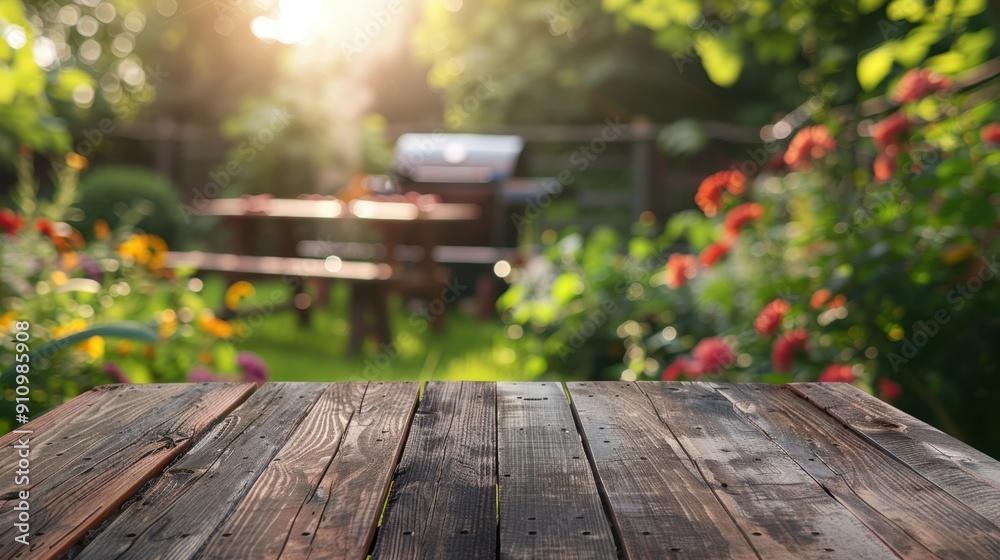 Fototapeta premium A rustic wooden table and garden