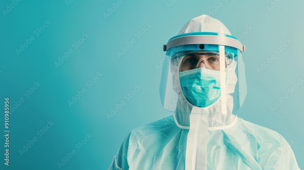 Medical professional in full protective gear is isolated on a blue background, symbolizing dedication and resilience during a health crisis. Medical professional in full protective gear is isolated on a blue background, symbolizing dedication and resilience during a health crisis.