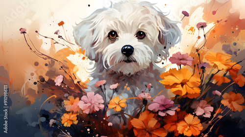 Vibrant Watercolor painting of a Bichon Frise dog with flower