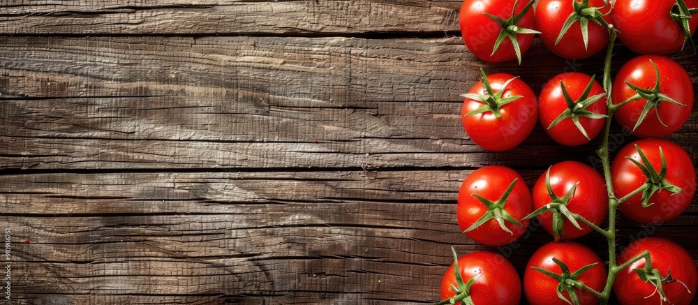 Fresh tomatoes arranged on a rustic wooden table with ample copy space image Fresh tomatoes arranged on a rustic wooden table with ample copy space image