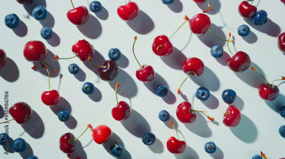 Fresh cherries and blueberries are neatly scattered on a light background, casting soft shadows, giving a vibrant and appetizing look. Fresh cherries and blueberries are neatly scattered on a light background, casting soft shadows, giving a vibrant and appetizing look.