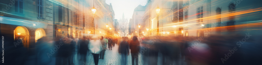 crowd of people in the city, long narrow panoramic view, tourists on an old city street abstract blurred people in motion crowd of people in the city, long narrow panoramic view, tourists on an old city street abstract blurred people in motion