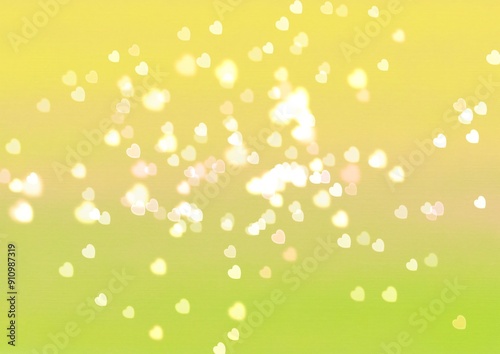 fond dégradé de vert anis parsemé de lumière en forme de coeur, ambiance romantique