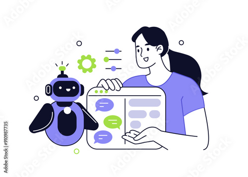 Prompt engineering. Woman working with generative AI marketing tools. Artificial intelligence in business concept. Vector illustration.
