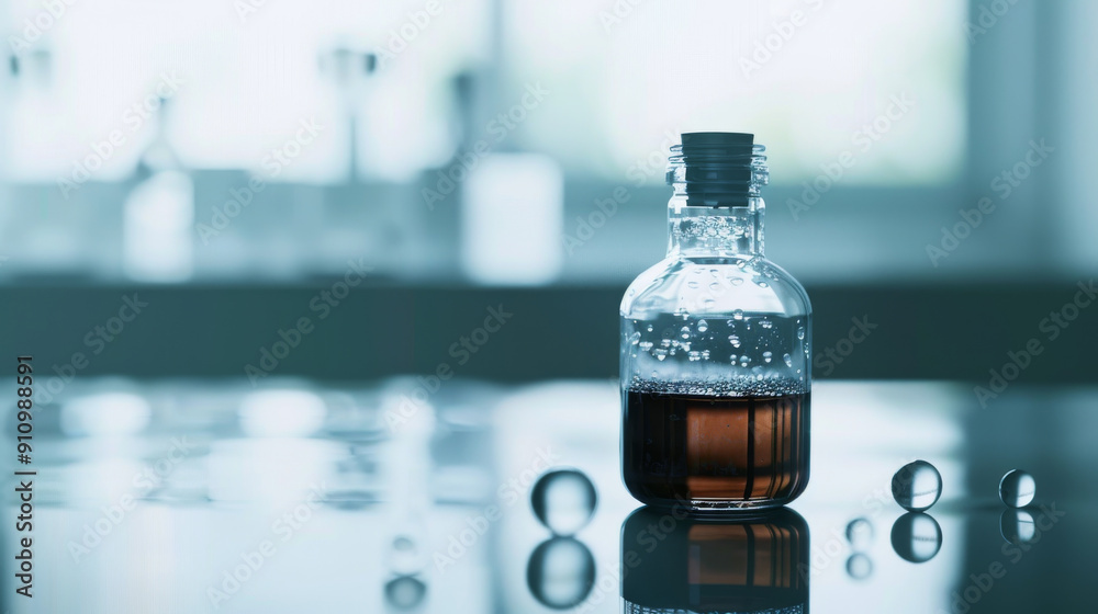 A glass bottle with dark liquid in a laboratory setting, surrounded by reflective droplets on a glossy surface, hinting at scientific investigation. A glass bottle with dark liquid in a laboratory setting, surrounded by reflective droplets on a glossy surface, hinting at scientific investigation.