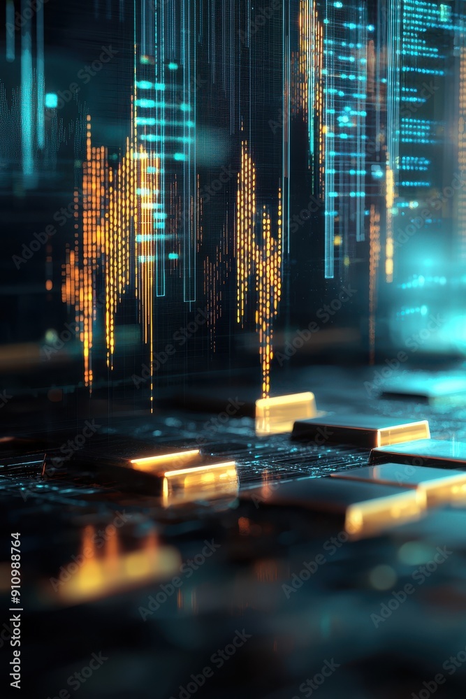 A 3D hologram of declining gold prices, set against a digital background of futuristic market analytics and economic downturn indicators A 3D hologram of declining gold prices, set against a digital background of futuristic market analytics and economic downturn indicators
