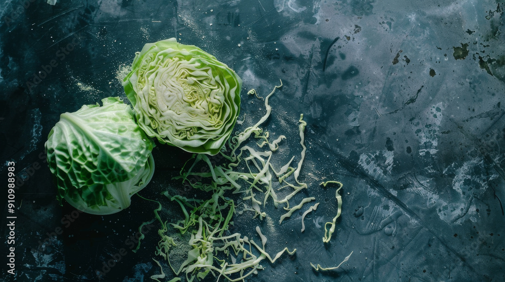 Obraz premium Shredded cabbage and a half head of cabbage sit on a dark, textured background, highlighting their fresh, crisp quality.