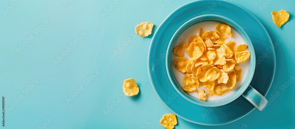 Healthy and nutritious breakfast for a child with corn flakes in milk served in a blue cup creating a visually appealing copy space image Healthy and nutritious breakfast for a child with corn flakes in milk served in a blue cup creating a visually appealing copy space image