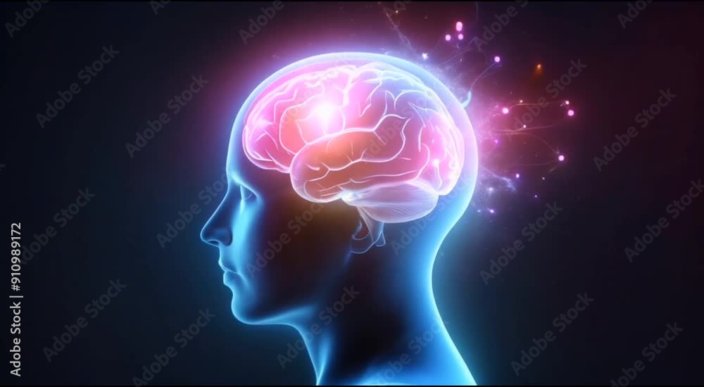 A glowing human brain with highlighted neural pathways, representing advanced neuroscience, brain activity, and cognitive function in a digital visualization.