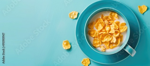 Healthy and nutritious breakfast for a child with corn flakes in milk served in a blue cup creating a visually appealing copy space image