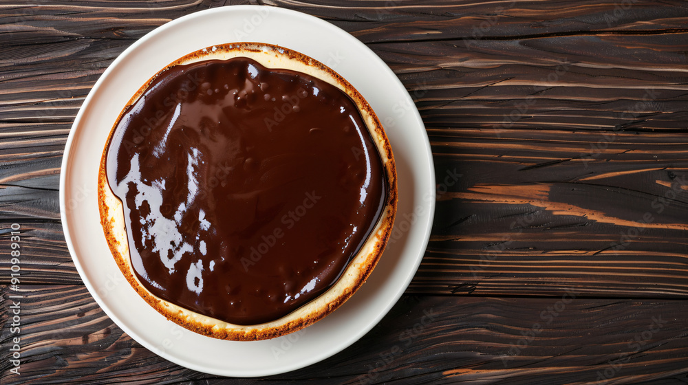 Top view of chocolate cake with topping on a white plate on a dark wooden table Top view of chocolate cake with topping on a white plate on a dark wooden table