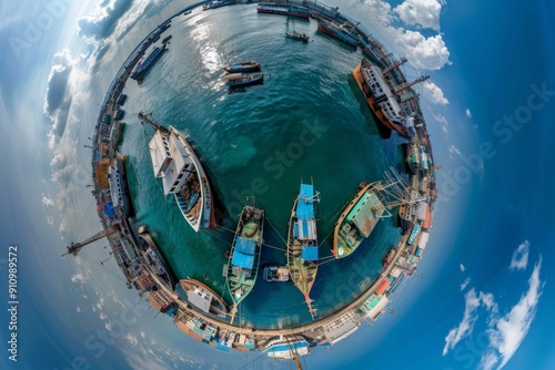 Wallpaper Mural A captivating tiny planet view of a bustling harbor filled with numerous fishing boats, depicting the lively maritime activities and the everyday life around the waterfront. Torontodigital.ca