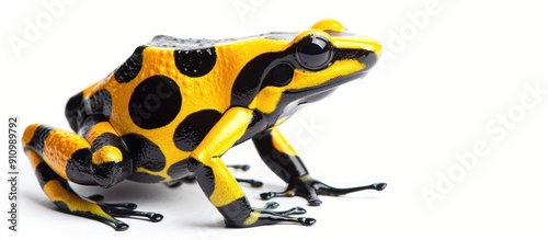 A vibrant Yellow Poison Arrow Frog Dendrobates leucomelas displayed on a white backdrop with copy space image photo