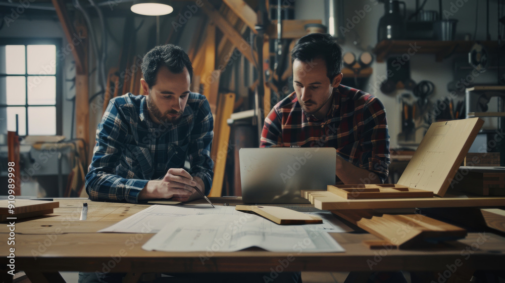 Two men in a workshop, actively analyzing designs on a laptop surrounded by tools and wooden materials. Two men in a workshop, actively analyzing designs on a laptop surrounded by tools and wooden materials.