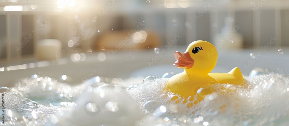 Rubber duck placed in a bathtub filled with bubbles surrounded by a copy space image Rubber duck placed in a bathtub filled with bubbles surrounded by a copy space image