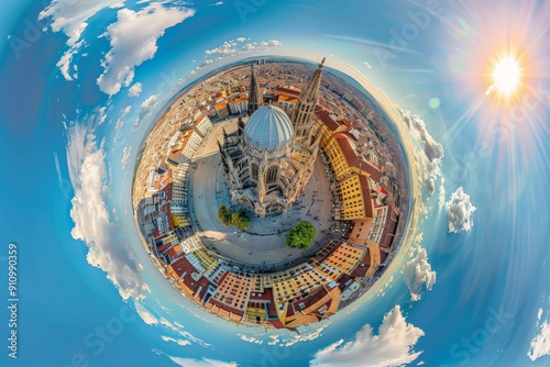 Wallpaper Mural A stunning circular panorama capturing a towering cathedral surrounded by colorful buildings, all under a clear blue sky with the sun shining brightly. Torontodigital.ca