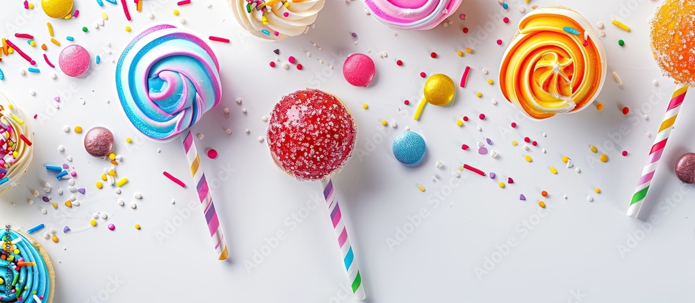Sweet treats in vibrant colors on a white background with ample copy space image Sweet treats in vibrant colors on a white background with ample copy space image