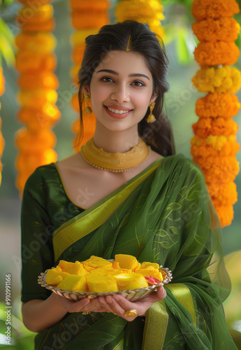 indian woman in green sari carrying a plate of sweet photo