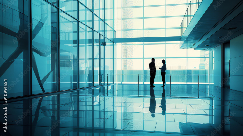 Two silhouetted figures converse in the spacious, modern lobby of a glass building, an interaction set against a backdrop of sleek lines and expansive windows. Two silhouetted figures converse in the spacious, modern lobby of a glass building, an interaction set against a backdrop of sleek lines and expansive windows.