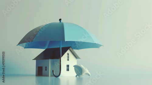 Wallpaper Mural A small model house is sheltered by a large blue umbrella, symbolizing protection and security. Torontodigital.ca