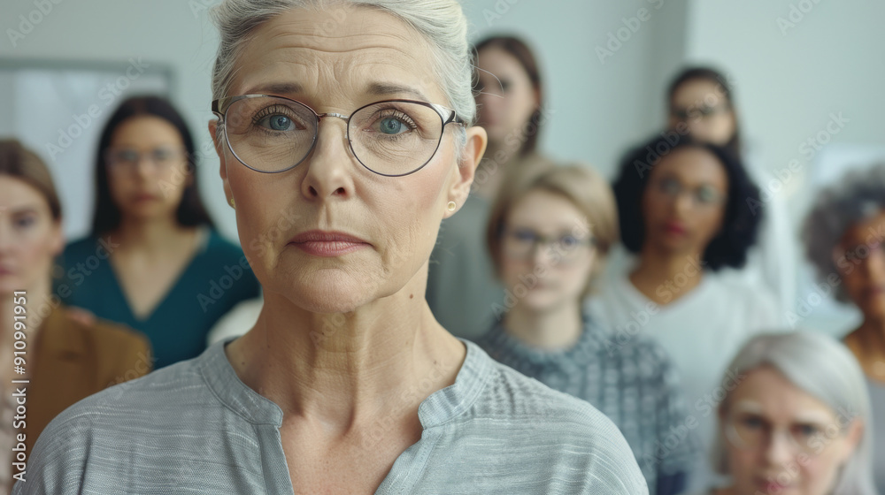 Confident woman with glasses stands with a group behind her, embodying leadership and poise. Confident woman with glasses stands with a group behind her, embodying leadership and poise.