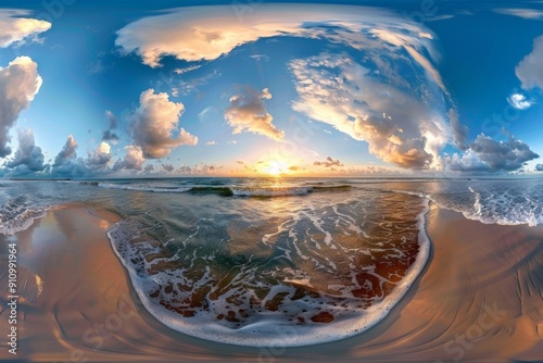 The early morning sunrise lights up the beach, revealing the beauty of the foamy sea waves and a sky filled with clouds. A picture-perfect moment of nature's splendor. photo