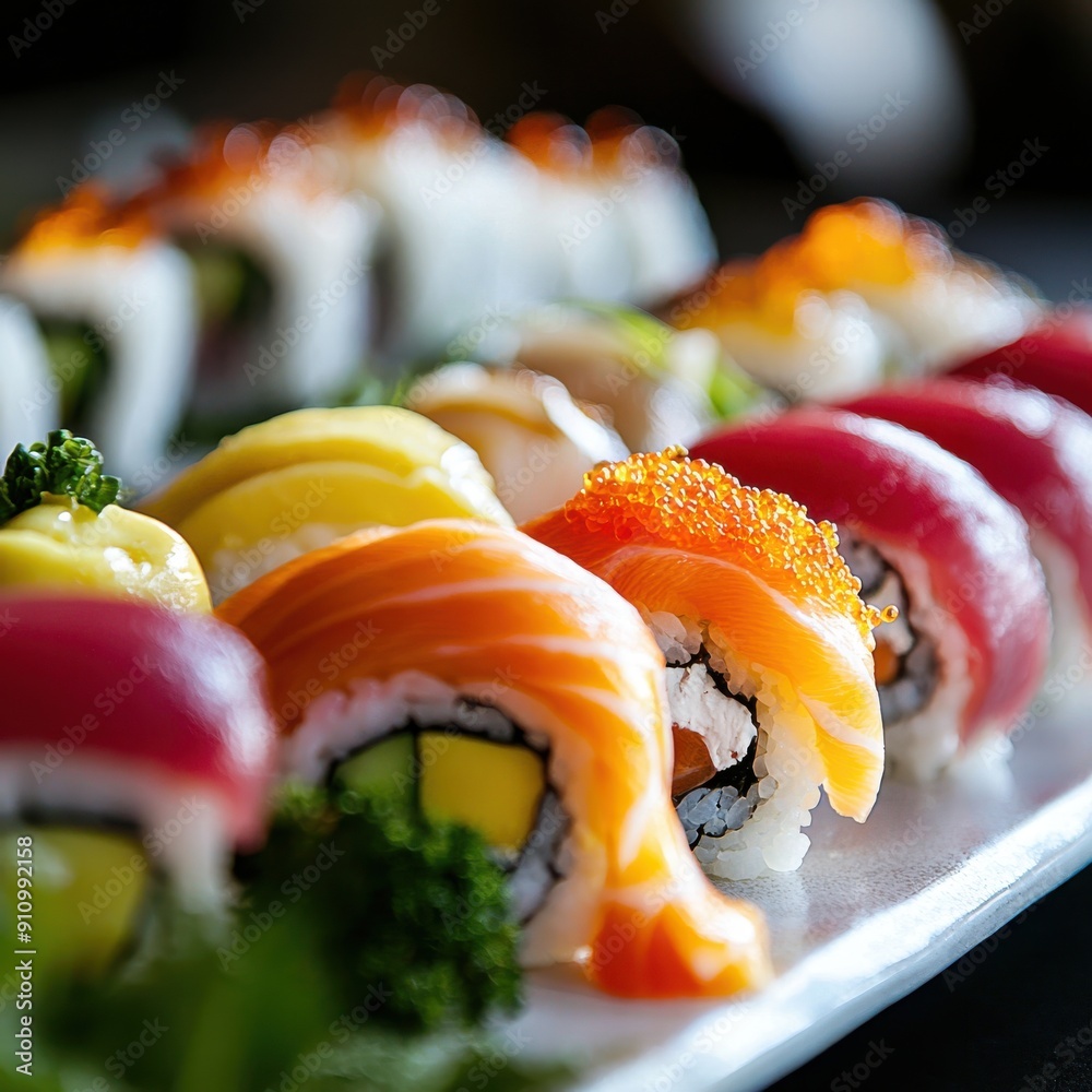 A close-up image of a colorful sushi platter, featuring meticulously crafted rolls with fresh fish and vegetables, showcasing its mouthwatering appeal A close-up image of a colorful sushi platter, featuring meticulously crafted rolls with fresh fish and vegetables, showcasing its mouthwatering appeal