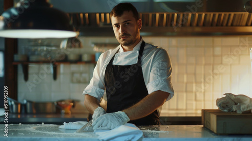 A chef stands confidently in a professionally equipped kitchen, ready for the challenge of creating a culinary masterpiece.