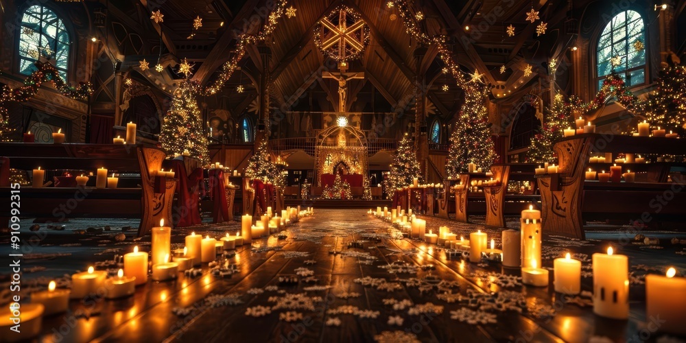 Obraz premium Candles illuminate a pathway in a dark church, creating a warm and inviting atmosphere.