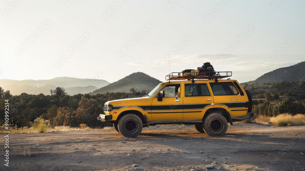 Obraz premium A yellow off-road vehicle packed with gear stands ready for adventure against a backdrop of mountain ranges at dusk.