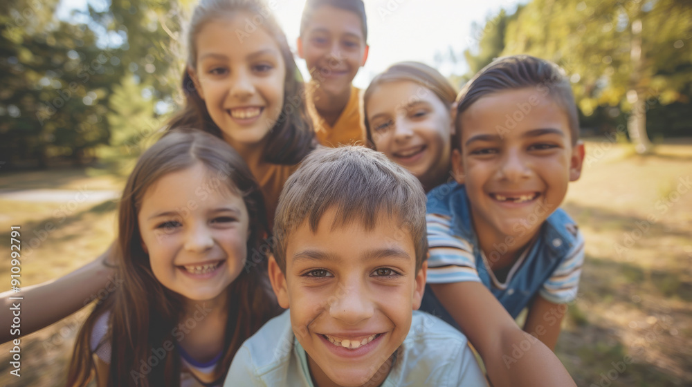 Group of joyful children smiling, sharing a fun outdoor moment in a sunny park, exuding a sense of happiness and camaraderie. Group of joyful children smiling, sharing a fun outdoor moment in a sunny park, exuding a sense of happiness and camaraderie.