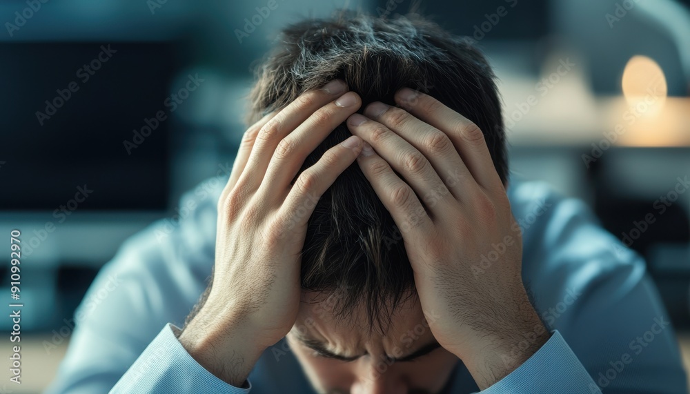 A close-up shot of a distressed businessperson holding their head in their hands, symbolizing business failure, with a cluttered office background A close-up shot of a distressed businessperson holding their head in their hands, symbolizing business failure, with a cluttered office background