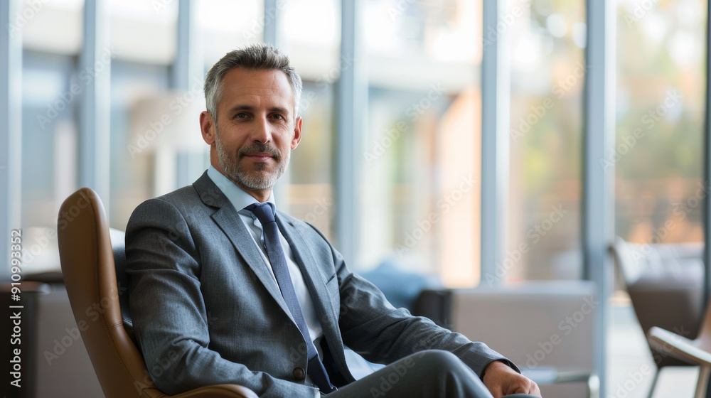 A confident, middle-aged man in a grey suit sits in a modern office, symbolizing leadership and success in a corporate environment. A confident, middle-aged man in a grey suit sits in a modern office, symbolizing leadership and success in a corporate environment.
