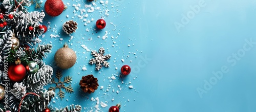 Top down view of festive holiday flat lay with a Christmas tree decorations snowflakes on a blue background providing ample copy space image photo