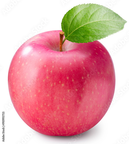 Pink Fuji Apple isolated on white background, Fresh Pink Japanese Apple with leaf on white background, With clipping path.