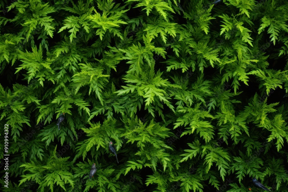 Photograph of an oriental arborvitae bush adorned with small birds. Photograph of an oriental arborvitae bush adorned with small birds.