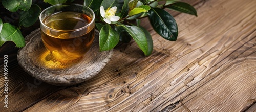 An aromatic tea brewed from Camellia sinensis leaves a shrub native to East Asia likely originating in the borderland depicted in a serene copy space image